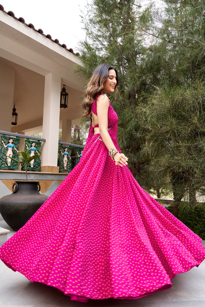 Gulal Pink Bandhej Georgette Navratri Lehenga