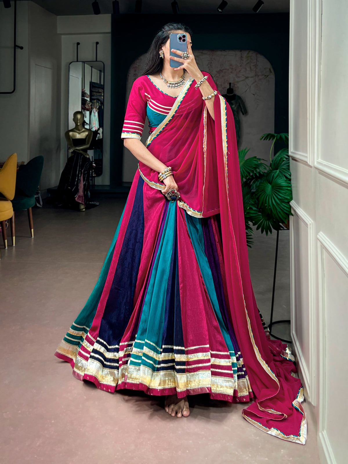 Multicolour Chinon Navratri Lehenga with Tassel Detailing