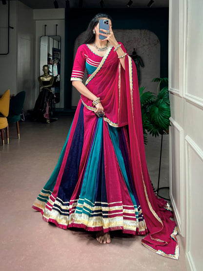 Multicolour Chinon Navratri Lehenga with Tassel Detailing