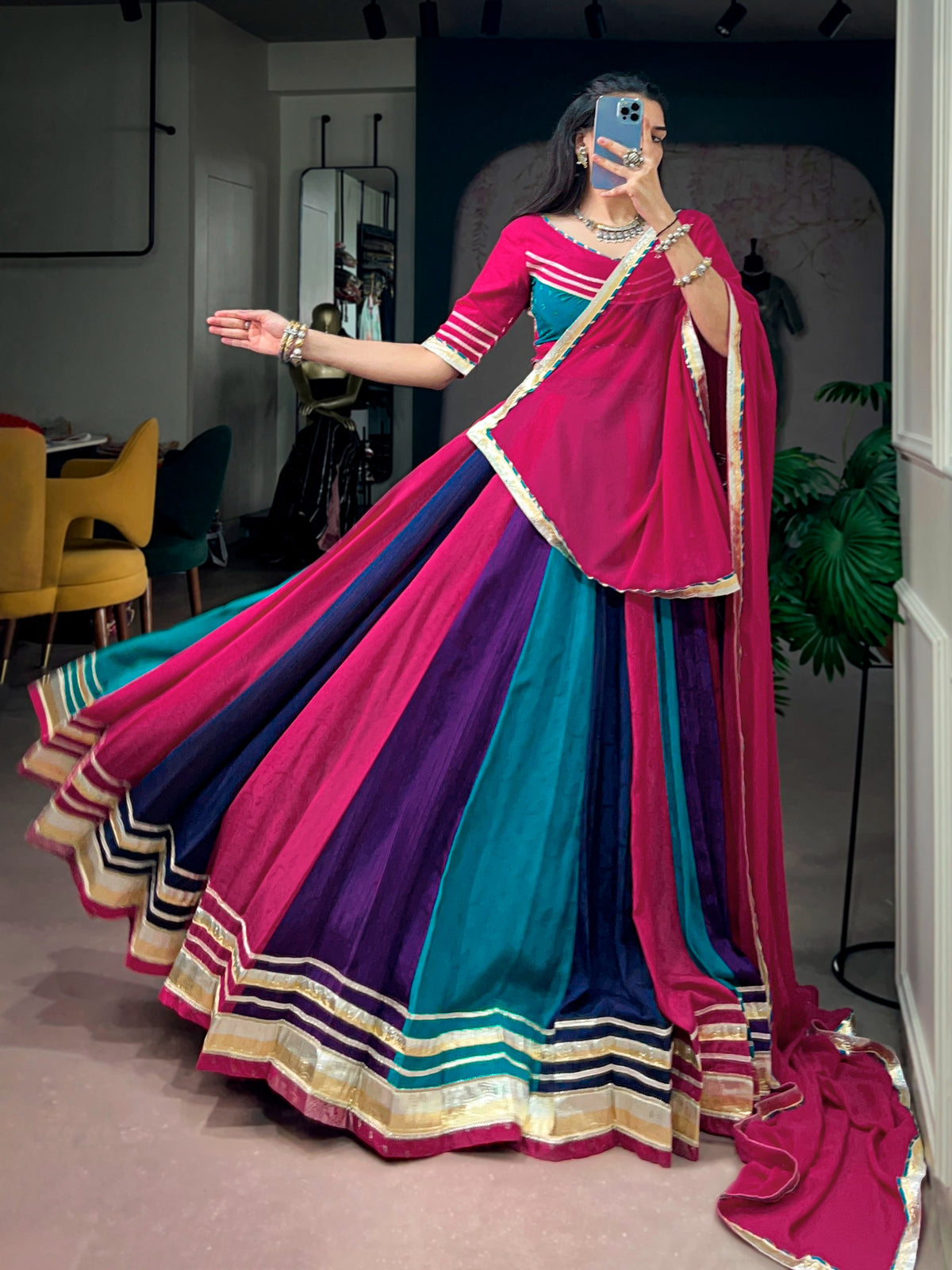 Multicolour Chinon Navratri Lehenga with Tassel Detailing