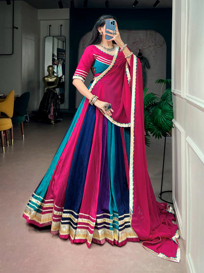 Multicolour Chinon Navratri Lehenga with Tassel Detailing