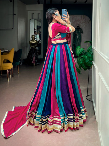 Multicolour Chinon Navratri Lehenga with Tassel Detailing