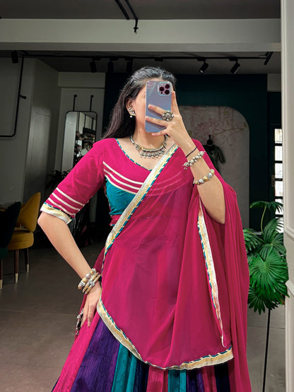 Multicolour Chinon Navratri Lehenga with Tassel Detailing