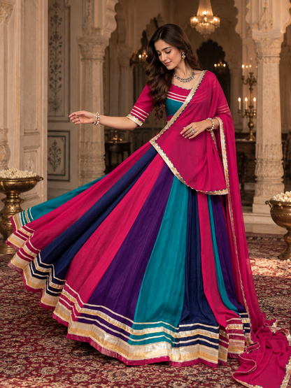 Multicolour Chinon Navratri Lehenga with Tassel Detailing
