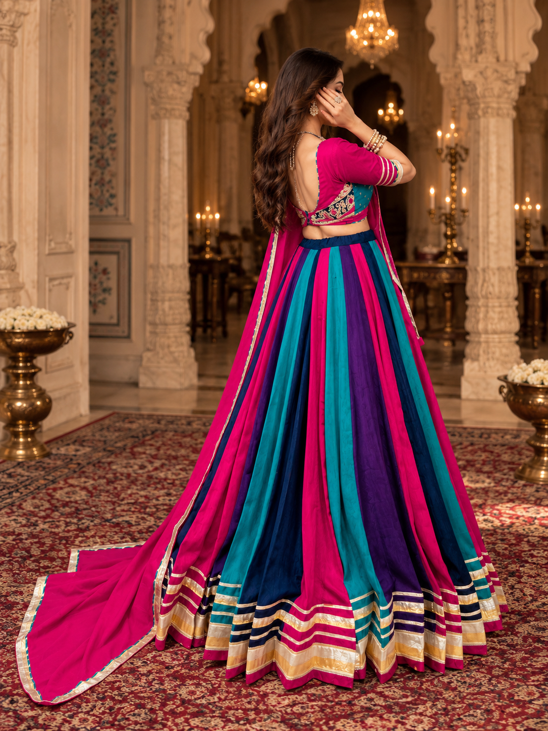 Multicolour Chinon Navratri Lehenga with Tassel Detailing