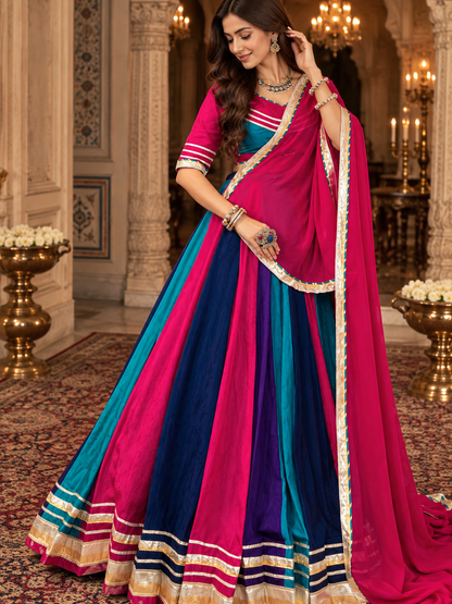 Multicolour Chinon Navratri Lehenga with Tassel Detailing