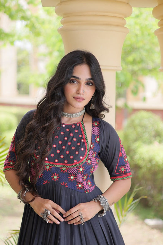 Kora Cotton Multi Thread Embroidered Navratri Gown