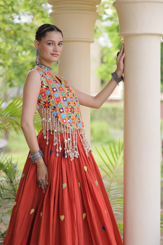 Heart Embroidered Kora Cotton Navratri Lehenga Set