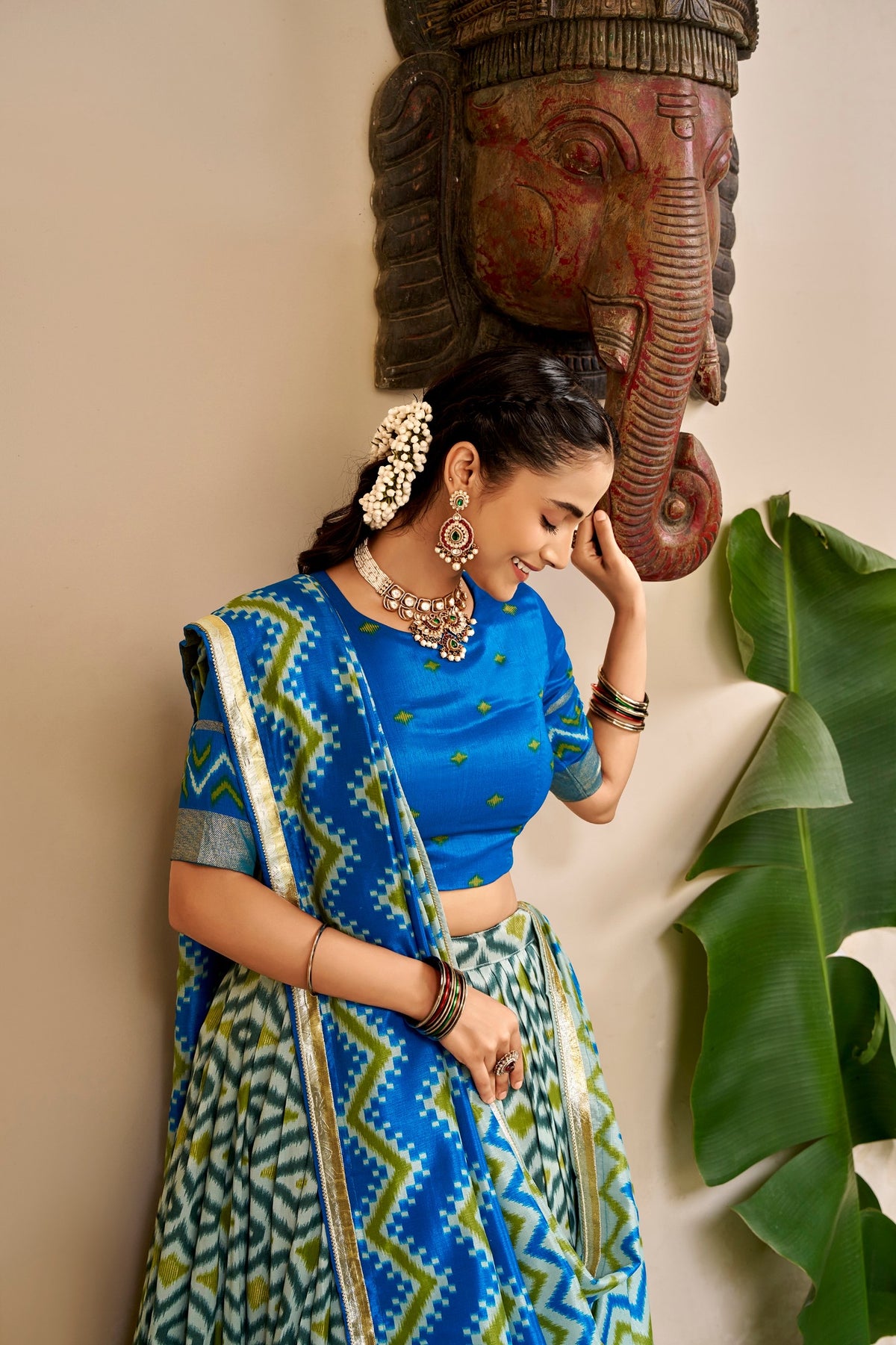 Ikat and Foil Print Tussar Silk Lehenga Set