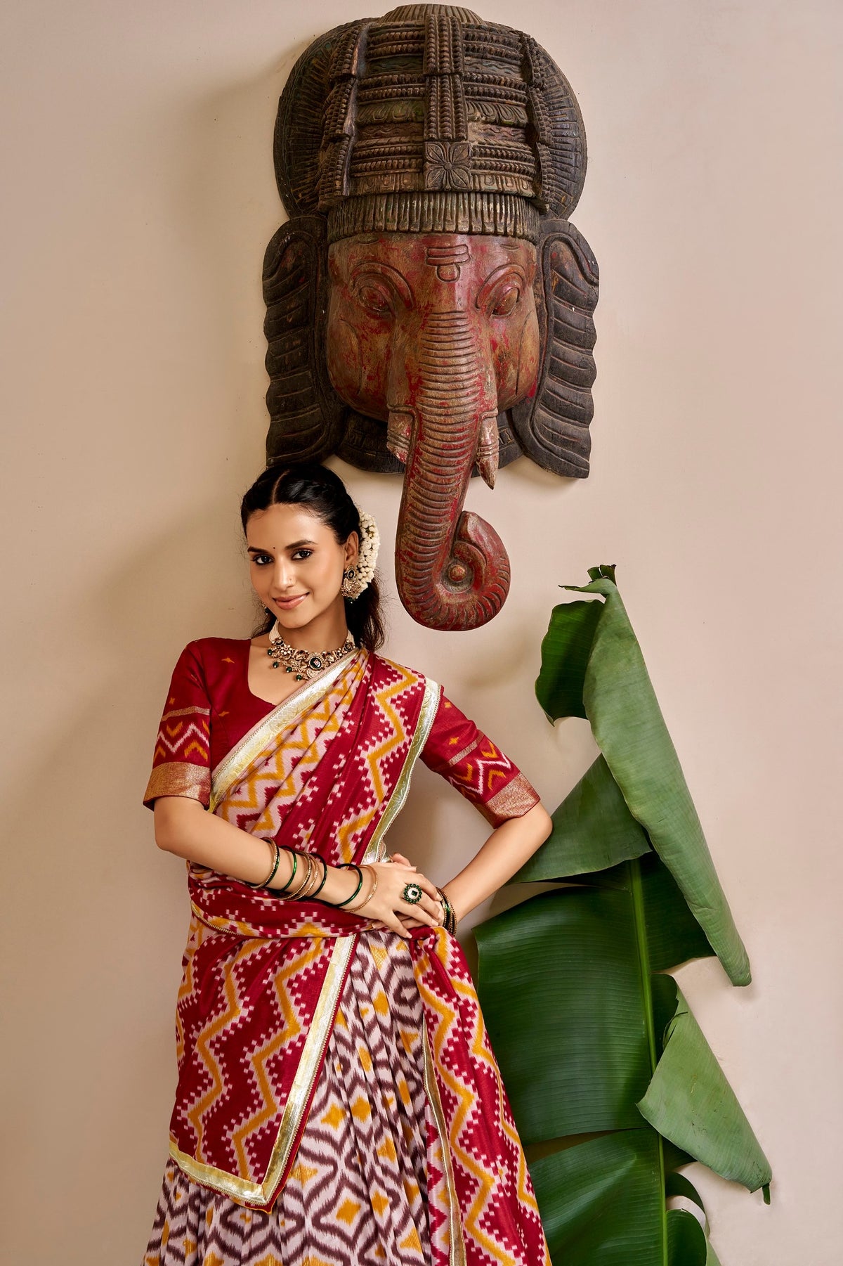 Ikat and Foil Print Tussar Silk Lehenga Set