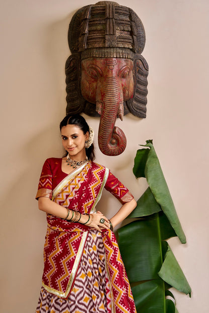 Ikat and Foil Print Tussar Silk Lehenga Set