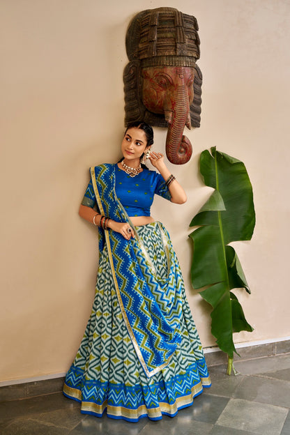 Ikat and Foil Print Tussar Silk Lehenga Set