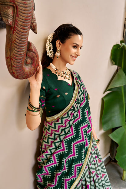 Ikat and Foil Print Tussar Silk Lehenga Set