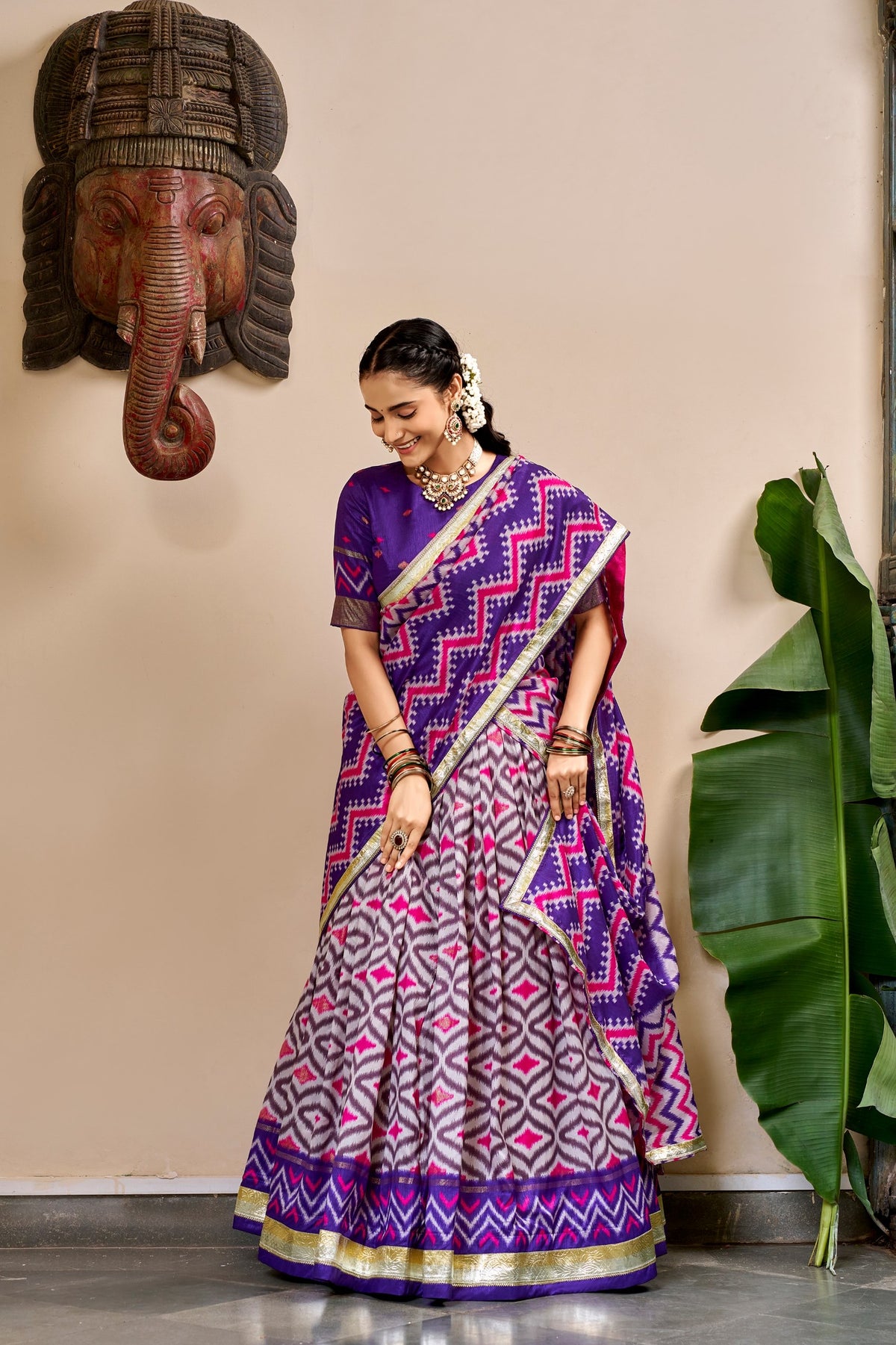 Ikat and Foil Print Tussar Silk Lehenga Set