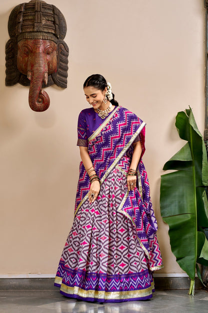 Ikat and Foil Print Tussar Silk Lehenga Set