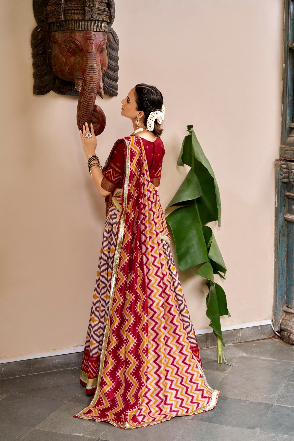 Ikat and Foil Print Tussar Silk Lehenga Set