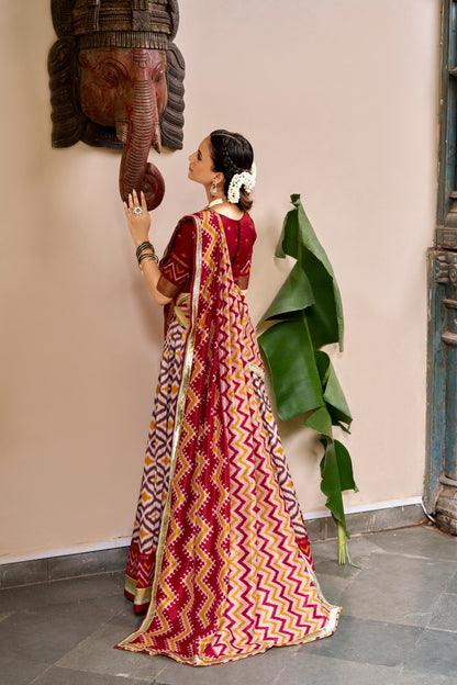 Ikat and Foil Print Tussar Silk Lehenga Set