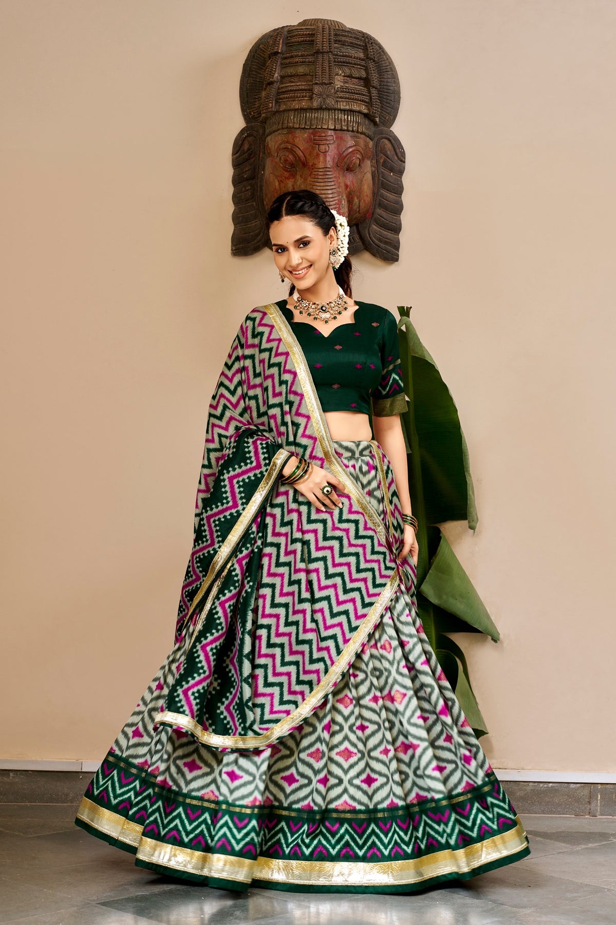 Ikat and Foil Print Tussar Silk Lehenga Set