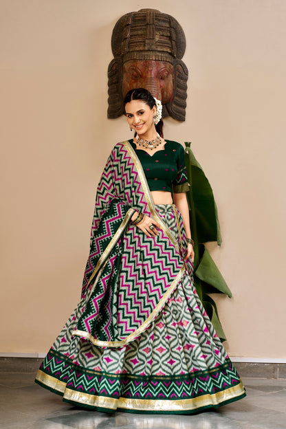 Ikat and Foil Print Tussar Silk Lehenga Set