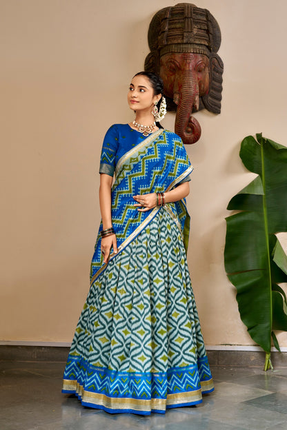 Ikat and Foil Print Tussar Silk Lehenga Set