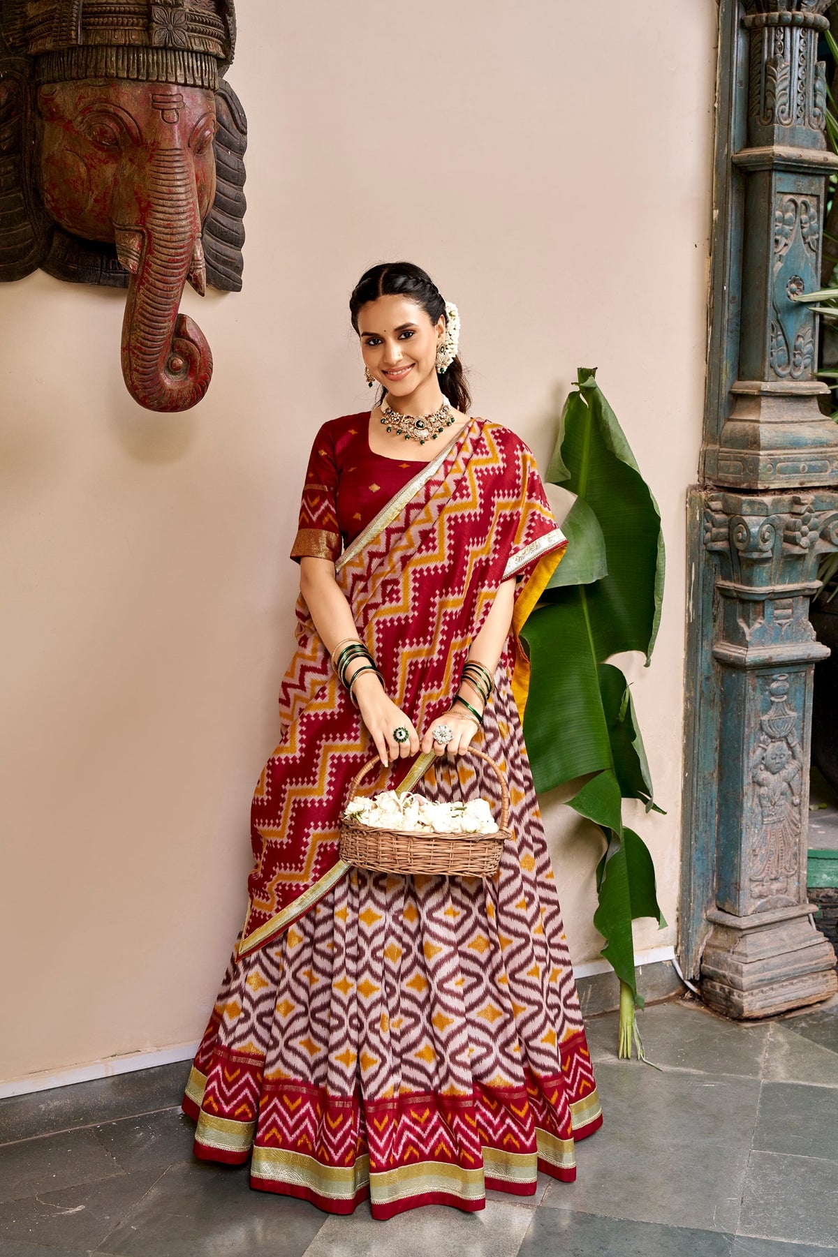 Ikat and Foil Print Tussar Silk Lehenga Set