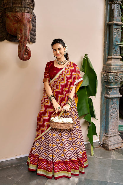 Ikat and Foil Print Tussar Silk Lehenga Set