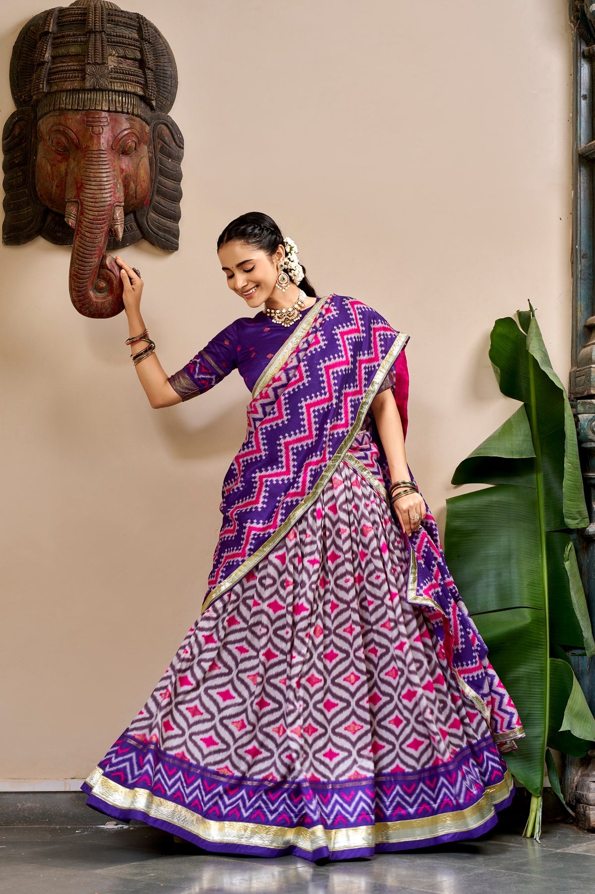 Ikat and Foil Print Tussar Silk Lehenga Set