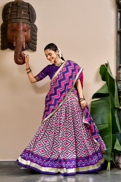 Ikat and Foil Print Tussar Silk Lehenga Set