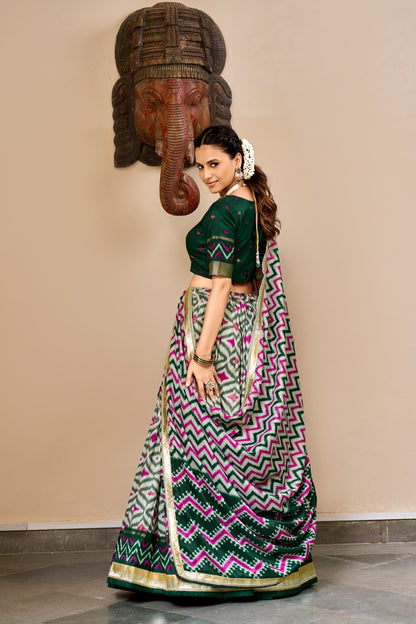 Ikat and Foil Print Tussar Silk Lehenga Set