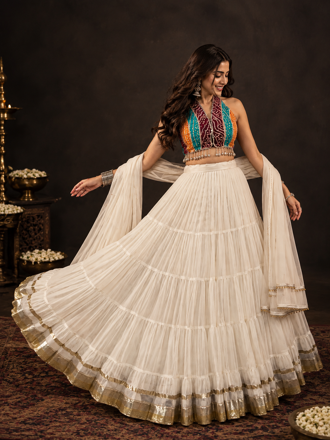 Traditional Bandhani Navratri Lehenga with Mirror Work Blouse