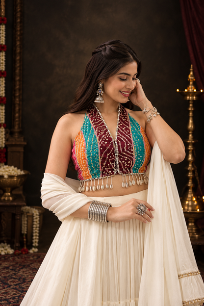 Traditional Bandhani Navratri Lehenga with Mirror Work Blouse