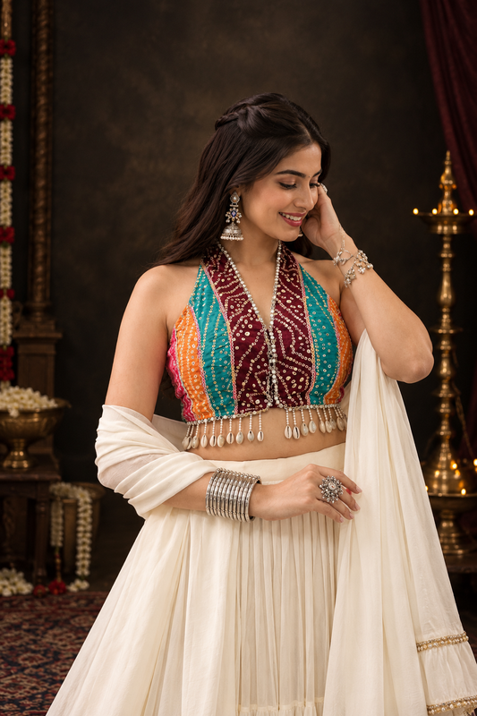 Traditional Bandhani Navratri Lehenga with Mirror Work Blouse