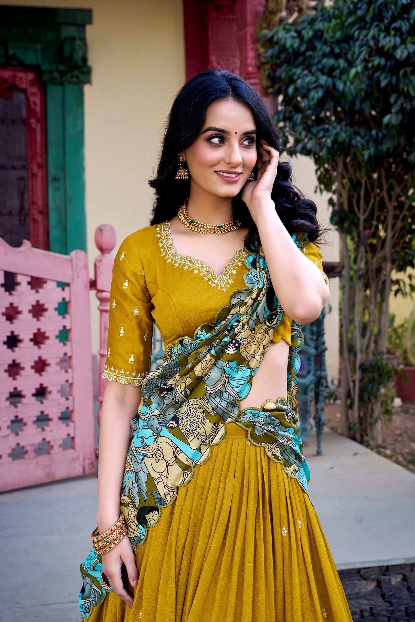 Vichitra Silk Kalamkari Print Lehenga