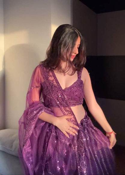Purple Wave Sequins Lehenga Ensemble