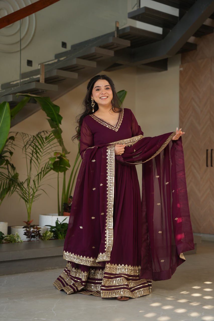 Blooming Gown Set with Embroidered Sequins-work