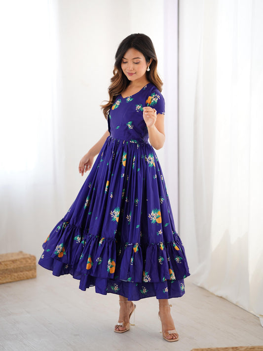 Indigo Majestic Floral Frill Gown