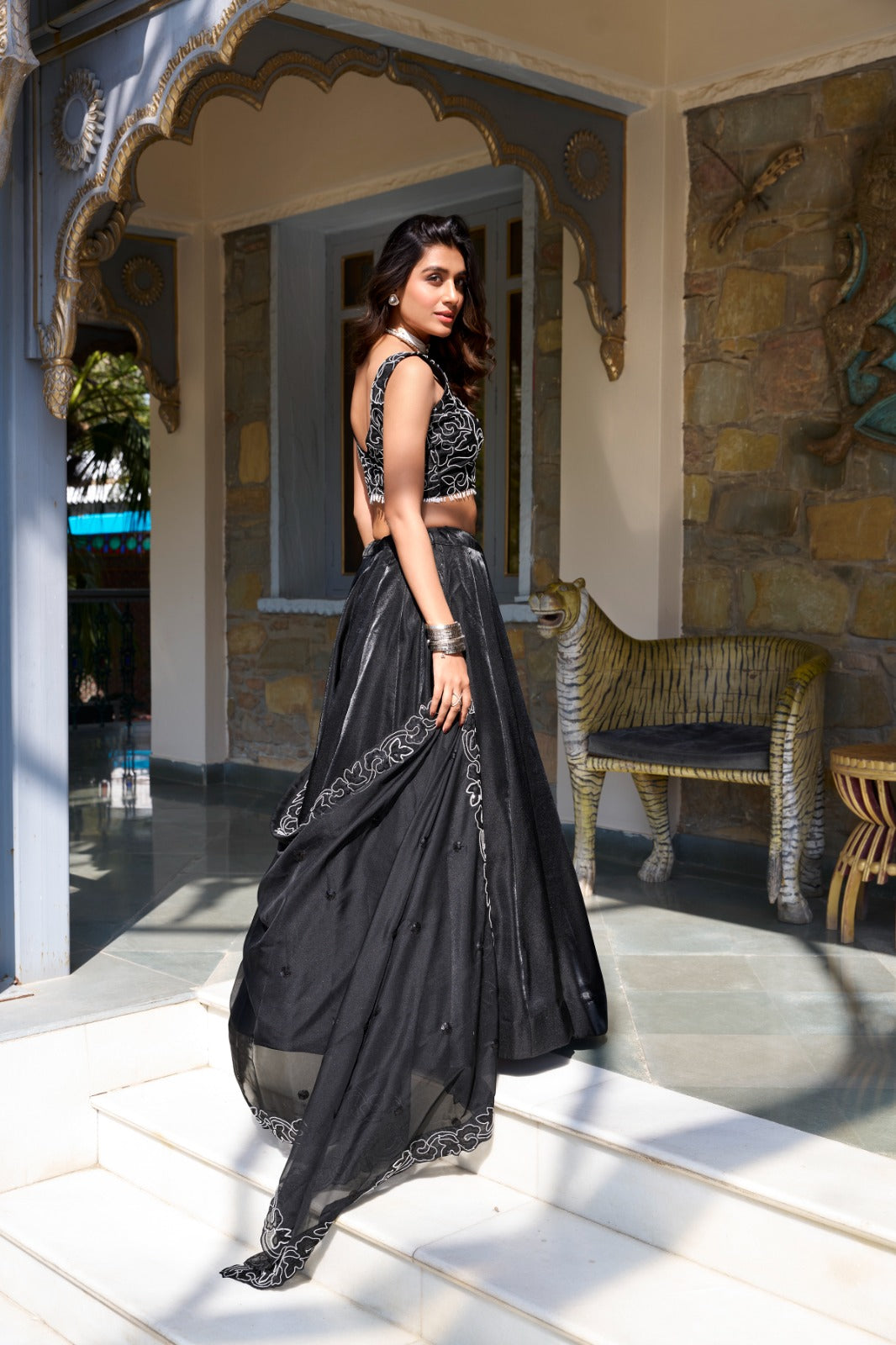 Black Satin Starry Night Lehenga Set