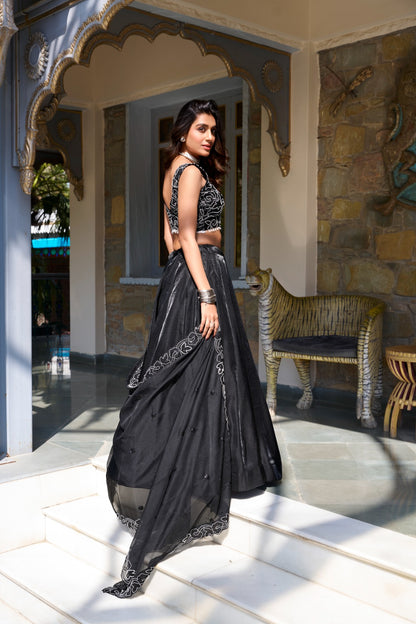 Black Satin Starry Night Lehenga Set