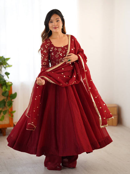 Deep Red Embroidered Flared Gown Set