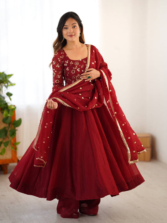 Deep Red Embroidered Flared Gown Set