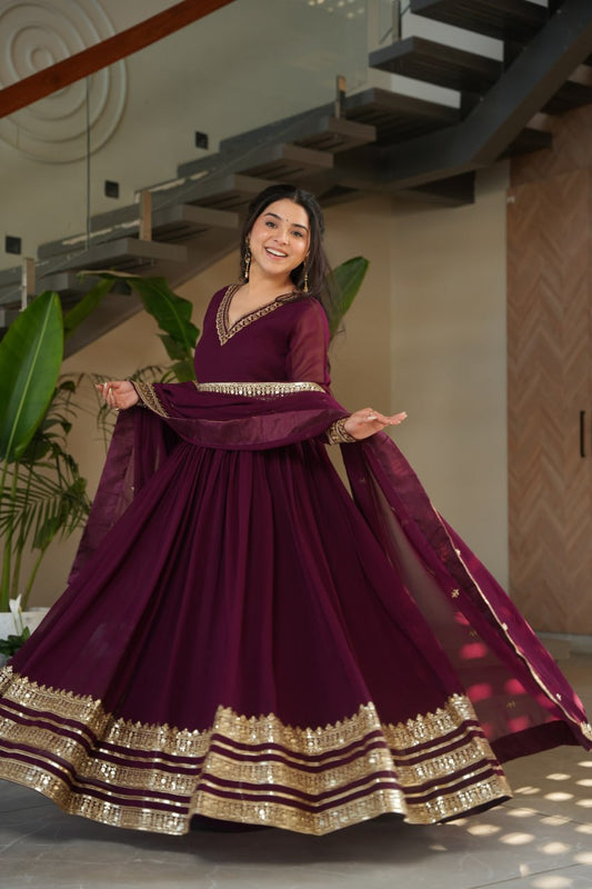 Blooming Gown Set with Embroidered Sequins-work
