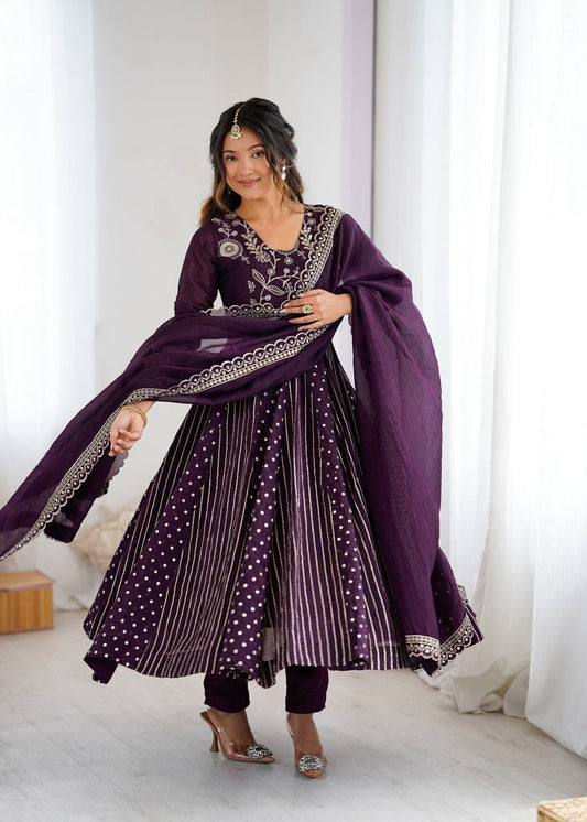 Purple Embellished Anarkali Gown Set