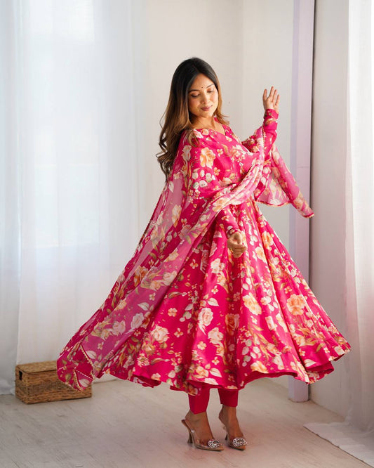 Deep Pink Bloom Anarkali Ensemble