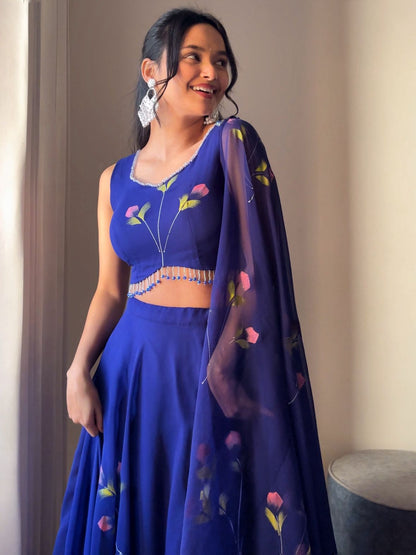 Royal Blue Lehenga with Hand-Painted Details