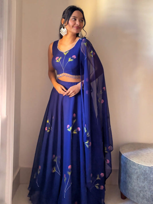 Royal Blue Lehenga with Hand-Painted Details