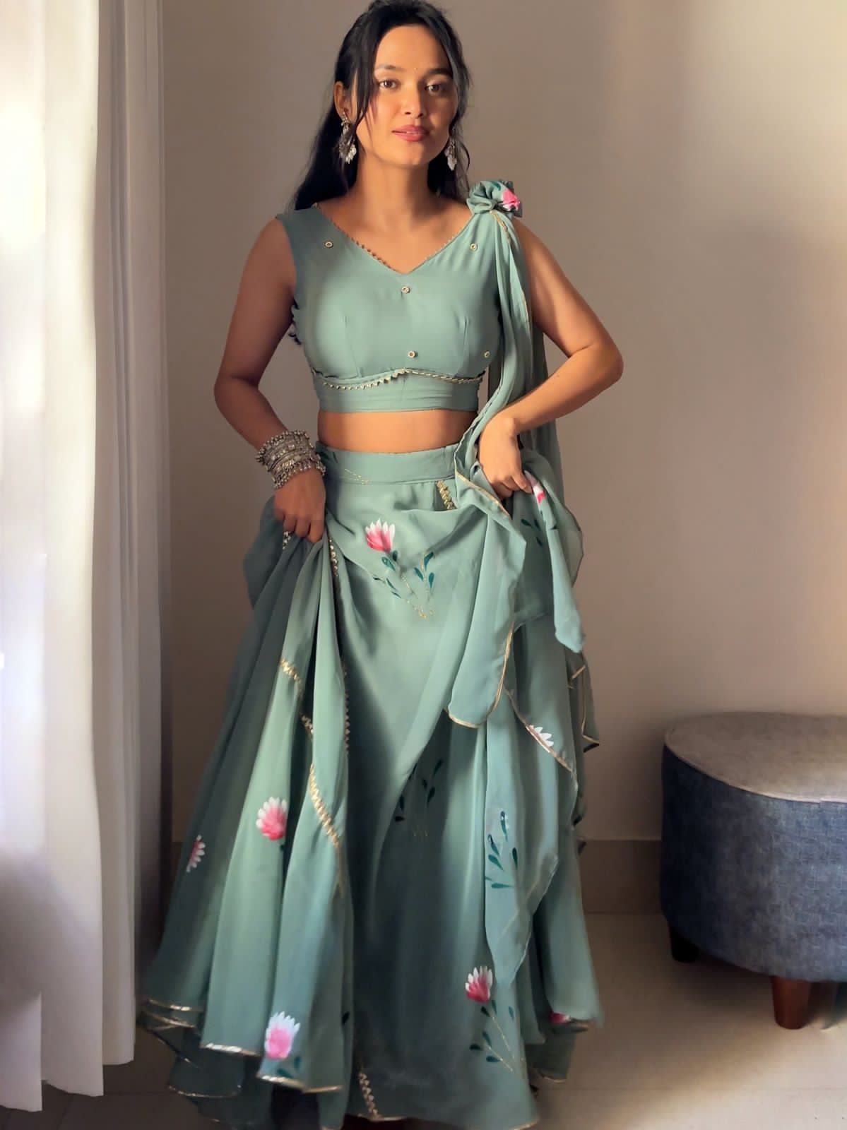 Soft Green Hand-Painted Georgette Lehenga