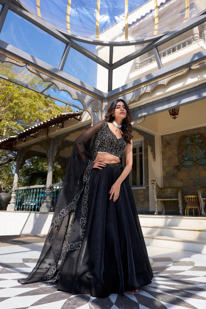 Black Satin Starry Night Lehenga Set