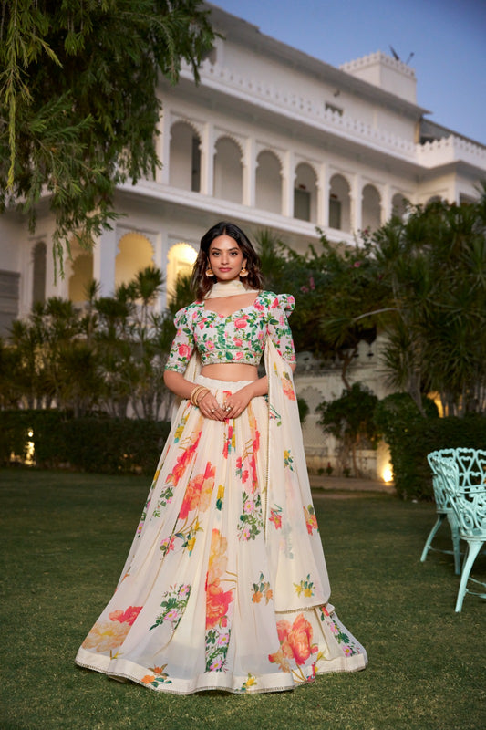 Ivory Petals and Blossom Georgette Lehenga