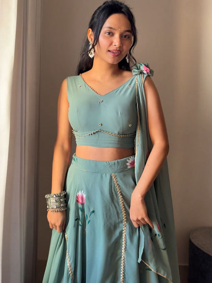 Soft Green Hand-Painted Georgette Lehenga