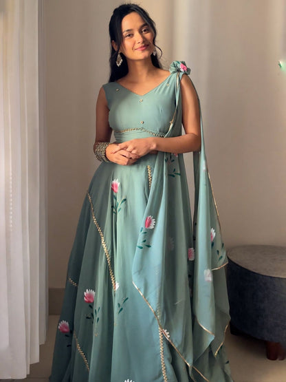 Soft Green Hand-Painted Georgette Lehenga